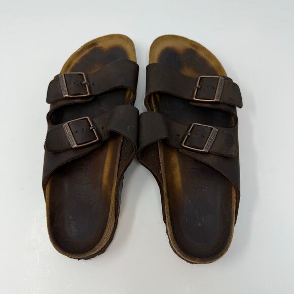 Birkenstock Arizona Sandals 41 (8-8.5 US) Mens Brown Leather Hippie Crunchy - Picture 10 of 12